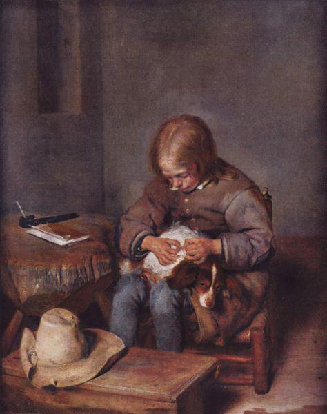 Gerard ter Borch the Younger Knabe floht seinen Hund oil painting picture